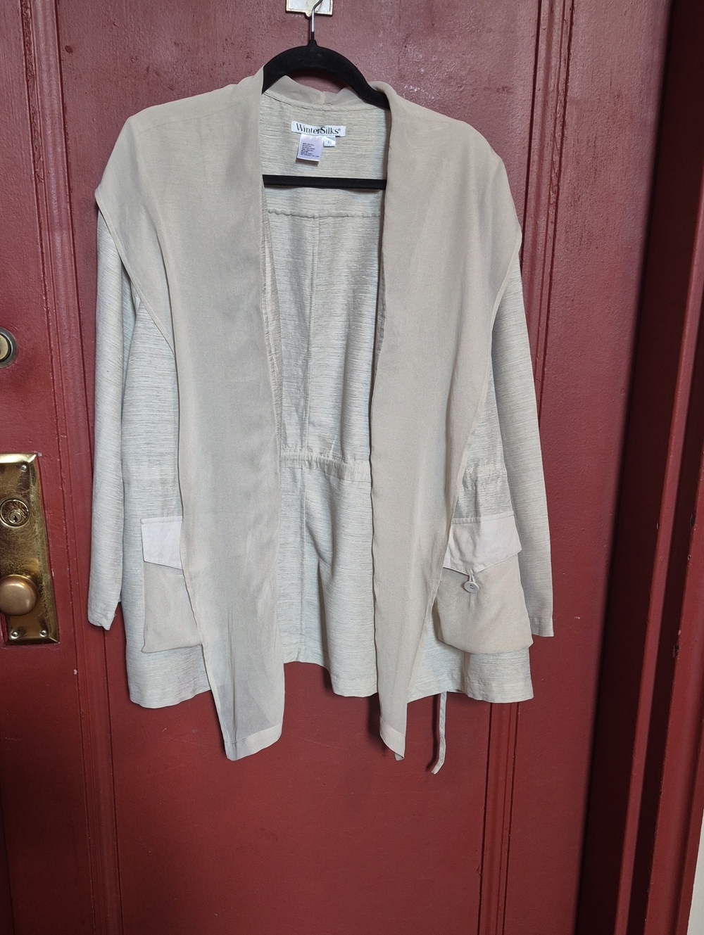 Winter Silks Open-Front Lightweight Adjustable Waist Longsleeve Cream Top SZ XL